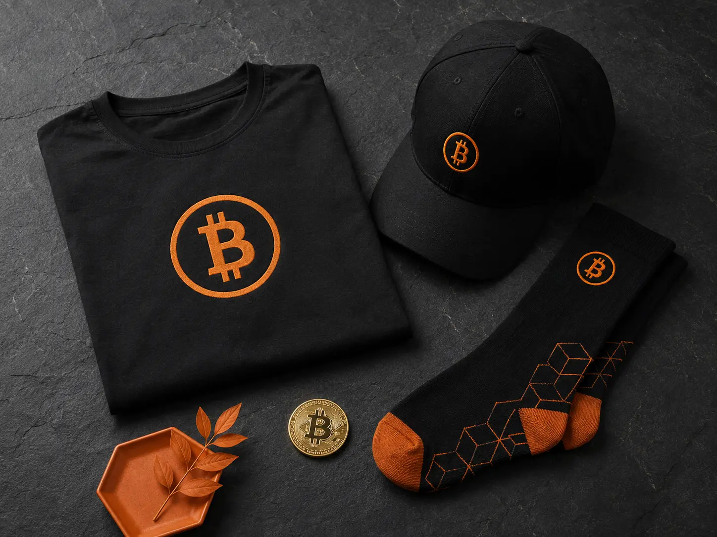 Premium Bitcoin-inspired apparel flat lay