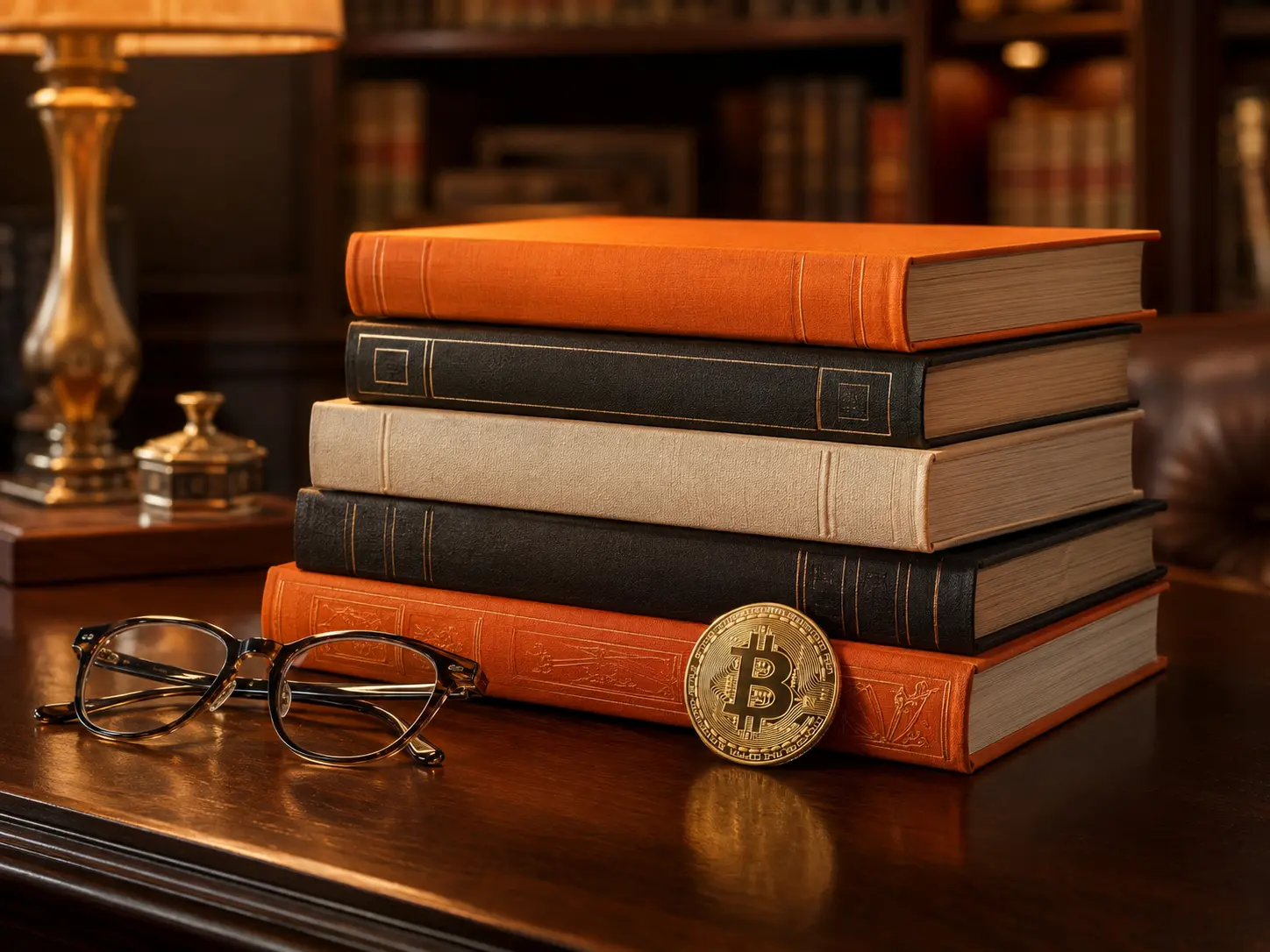 Curated Bitcoin reading collection on a dark wood desk