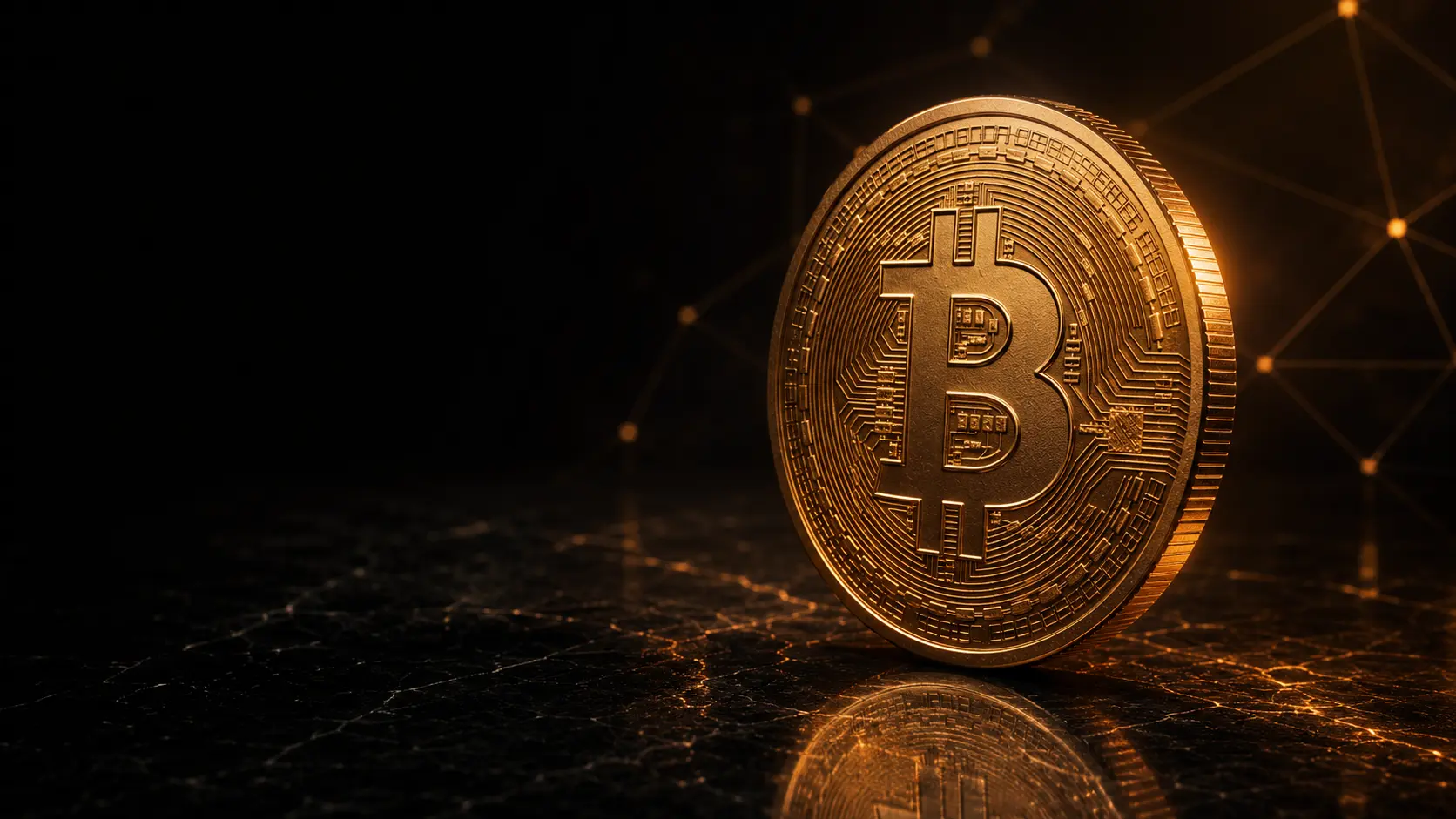 Cinematic orange-gold Bitcoin coin on black stone