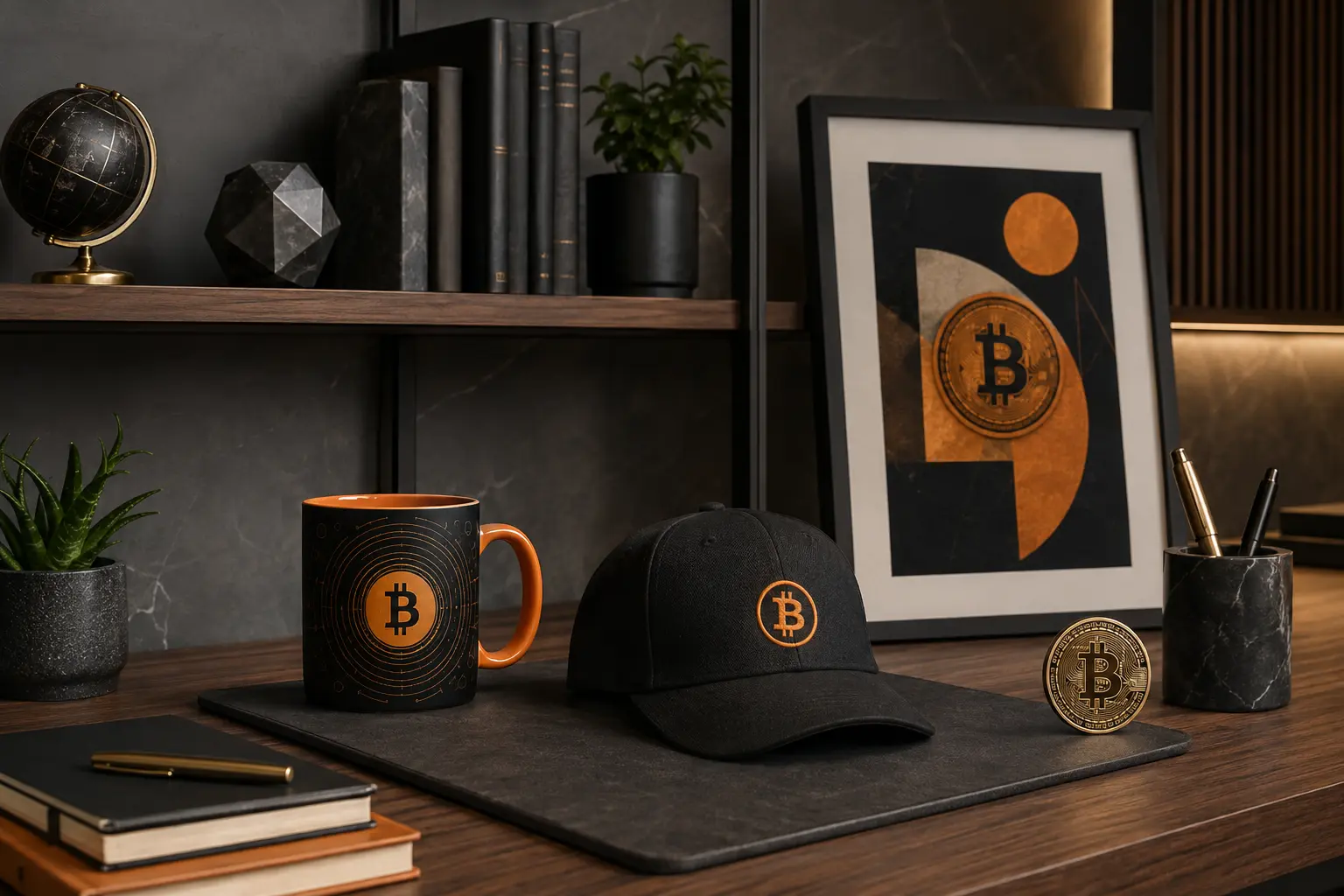 Curated Bitcoin-inspired merchandise in a modern workspace