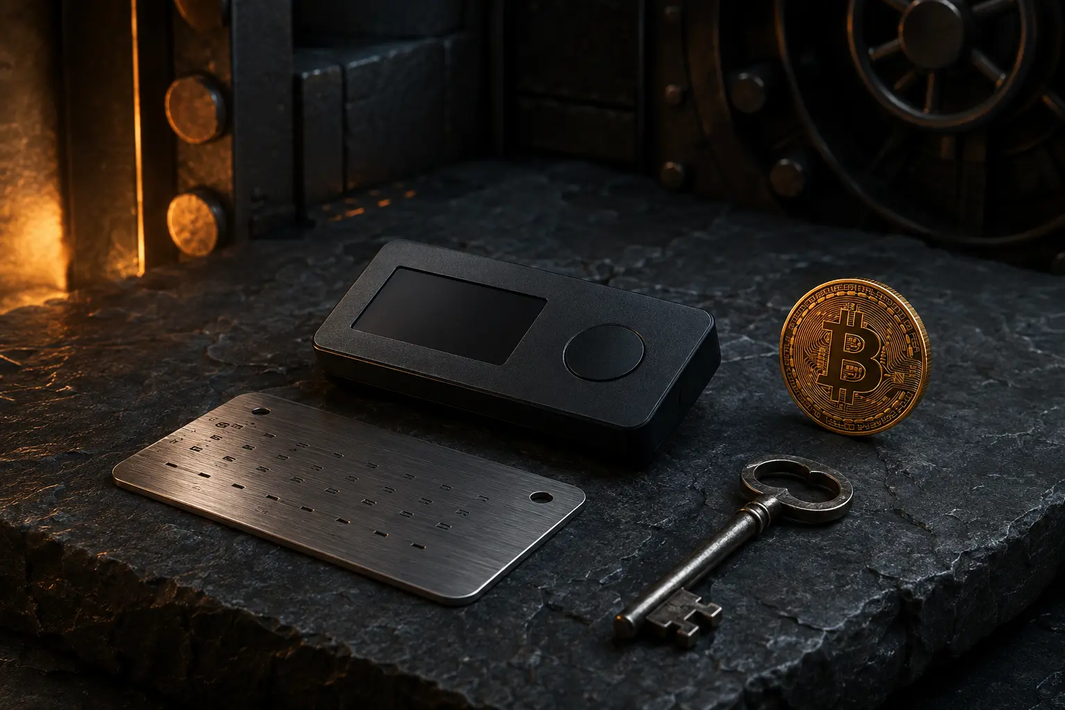 Hardware wallet and steel backup equipment on dark stone